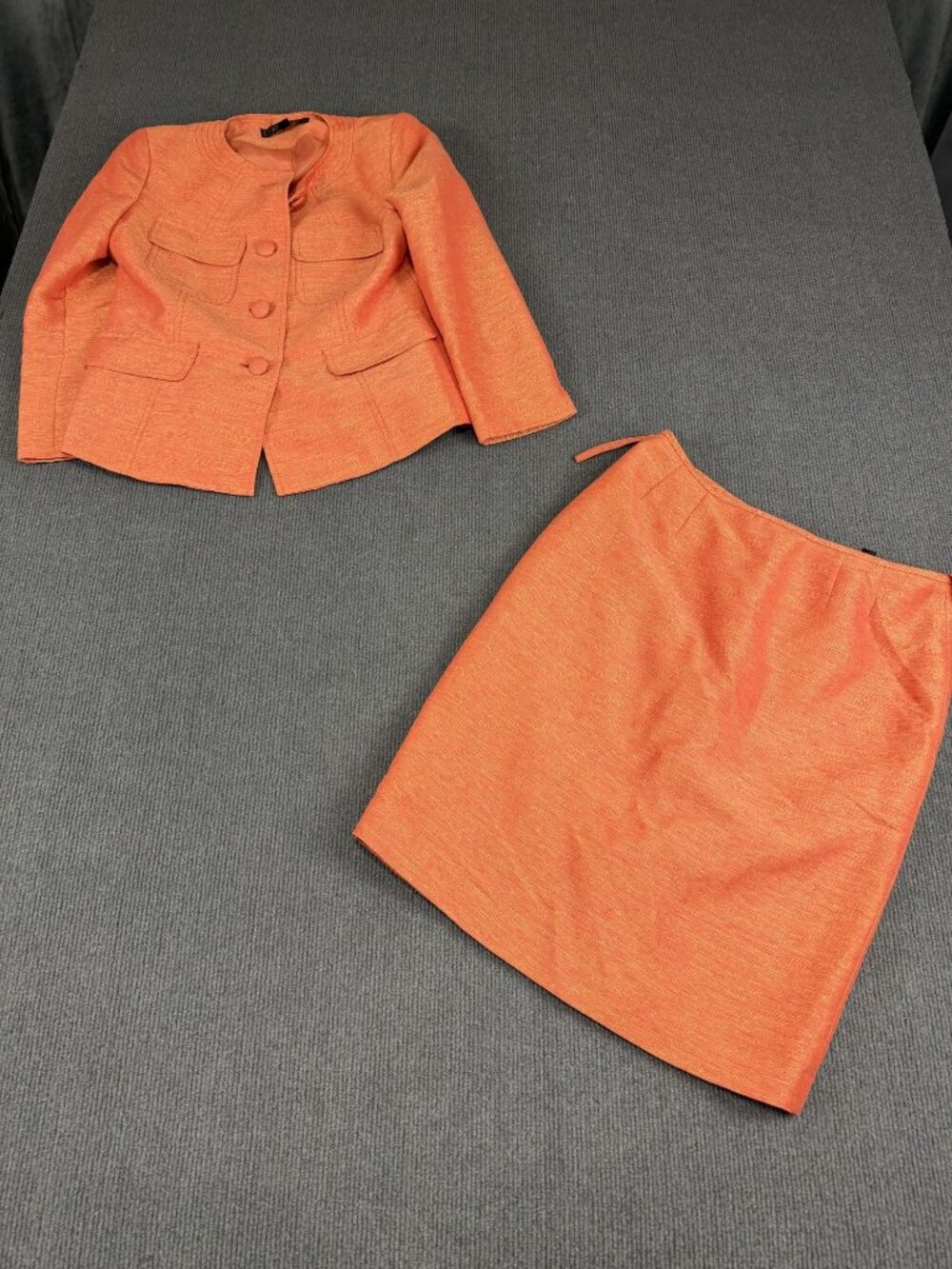 Kasper Petite Womens Two-Piece Suit Orange Textured Blazer & Skirt Set Size 6P